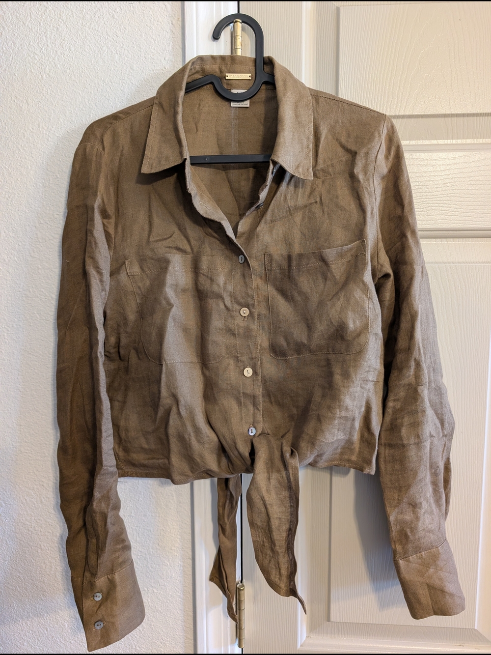 Magaschoni Linen Button-Front Tie-Hem Shirt